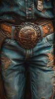 Detailed view of traditional cowboy attire featuring ornate belt buckle and denim in a rustic setting photo