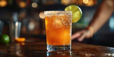 Refreshing cocktail served in a glass with salt rim and lime garnish at a bar during evening hours photo