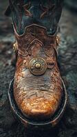 Detailed close-up of a worn cowboy boot in a rustic setting showcasing the texture and craftsmanship photo