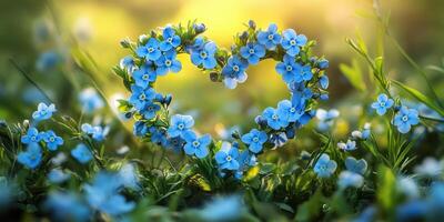 Blue flowers create a heart shape in a serene garden during a sunny afternoon photo