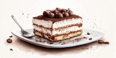 Delicious layered dessert with creamy filling and chocolate topping served on a white plate photo