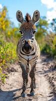 Zebra walks down a sandy path surrounded by lush green foliage during a bright sunny day photo