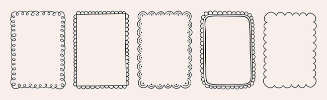 Set of cute hand drawn doodle rectangle frames. Simple wavy lines with curls. Perfect for designing cards, invitations, and creative projects vector