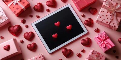 Creative Valentine's Day gift arrangement with tablet and heart decorations on a pink background for celebration photo