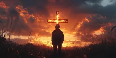 Silhouette of a person standing in a field under a glowing cross at sunset with dramatic clouds in the background photo