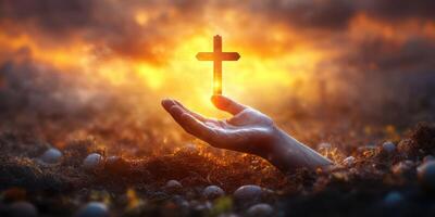 Spiritual awakening in a mystical landscape with a hand reaching for a glowing cross at sunset photo