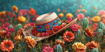 Colorful sombrero placed among vibrant flowers in a sunny desert landscape during springtime photo