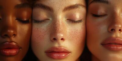 Three women with diverse skin tones and closed eyes express serene beauty in a close-up setting during soft lighting photo