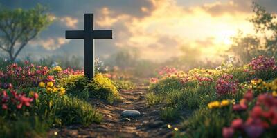 Sunset over a tranquil graveyard with blooming flowers and a wooden cross marking a resting place photo