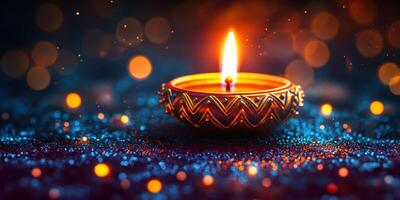 Beautiful clay oil lamp illuminates a dark background with glowing bokeh in a festive atmosphere during a celebration photo