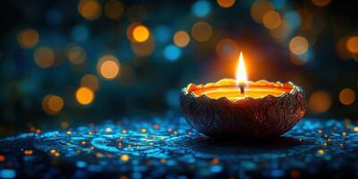 Glimmering candle in decorative holder illuminates a dark background with colorful bokeh photo