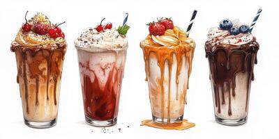 Delicious variety of milkshakes featuring rich flavors and fresh toppings served in clear glasses photo