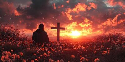 silueta figura reflexionando por un cruzar a puesta de sol en medio de floreciente flores en un pacífico paisaje foto