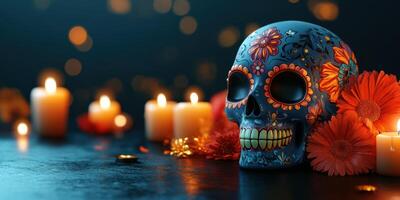 Colorful sugar skull decorated with flowers and candles during celebration of Day of the Dead in a dimly lit setting photo