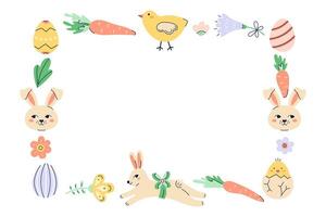 Happy Easter rectangle Frame With Bunnies, chickens and eggs. Happy Easter hand drawn card. Flat illustration with partial outline. Isolated illustration. vector