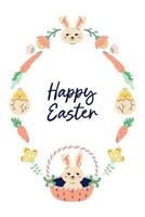 Happy Easter oval Frame With Bunnies, chickens and eggs. Happy Easter hand drawn card. Flat illustration with partial outline. Isolated illustration. vector