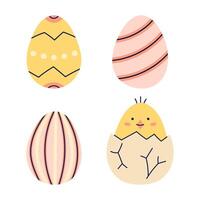 Set of 4 Easter Eggs. Happy Easter hand drawn card. Flat illustration with partial outline. Isolated illustration. vector