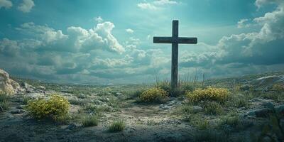 Cross stands resilient in a serene landscape under a dramatic sky during the day photo