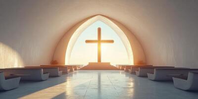 Modern chapel interior with sunlight illuminating cross at sunrise, inviting serenity and reflection photo