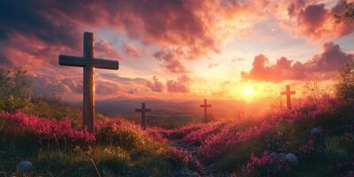 Sunset over a serene landscape with crosses in a field of flowers, capturing a peaceful moment in nature photo