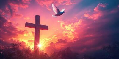 Symbolic cross with dove soaring in vibrant sunset sky illuminating faith and hope photo