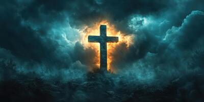 Dramatic silhouette of a cross surrounded by dark clouds and glowing light at twilight photo