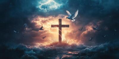 Dramatic depiction of a cross surrounded by stormy skies and flying doves during a mystical dawn photo