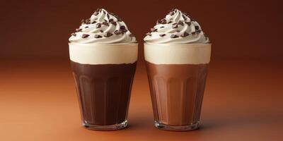 Indulgent chocolate milkshakes topped with whipped cream and chocolate chips enjoy flavor and texture photo