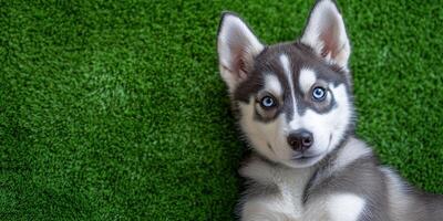 Adorable husky puppy resting on bright green grass in a sunny outdoor setting during daytime photo