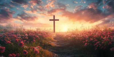 Sunset over a flower-filled field with a prominent cross symbolizing hope and serenity photo