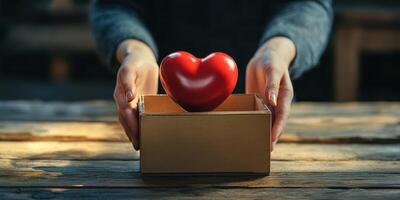 Hands present a red heart inside a small box on a rustic wooden table, symbolizing love and affection during a quiet moment photo