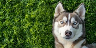 Majestic husky relaxing on vibrant green grass in a sunny outdoor setting photo