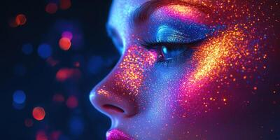 Beauty and color blend in vibrant face art at a nighttime event showcasing creativity and self-expression photo