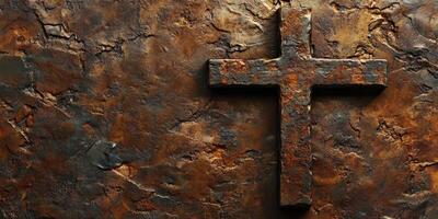 Rustic cross against textured background showcasing intricate details and rich tones photo