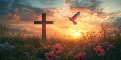 Powerful sunset over a cross with a flying dove symbolizing peace and hope amidst blooming flowers in a serene meadow photo