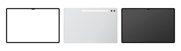 Tablet PC front and back transparent mockup template. Modern portable tab blank white display illustration vector