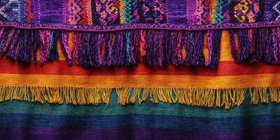 Vibrant woven textiles showcasing colorful patterns and fringes from a market in South America during the afternoon photo