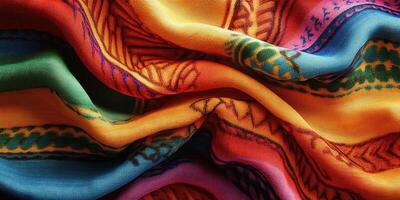 Colorful fabric showcasing intricate patterns and vibrant hues in a textile shop photo