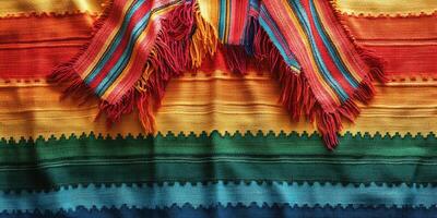 Colorful woven blanket with vibrant stripes displayed on a wooden surface in bright lighting photo