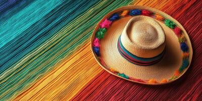 Colorful sombrero resting on vibrant woven fabric in a festive setting photo