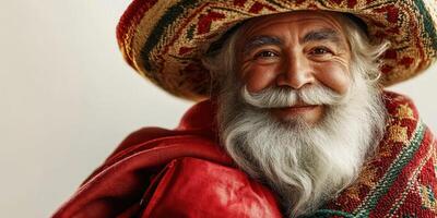 Smiling elderly man in colorful traditional attire with a large hat and vibrant blanket indoors photo