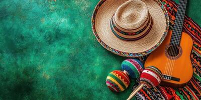 Colorful sombrero and guitar with maracas on a woven blanket in a festive atmosphere photo