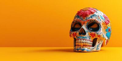Colorful sugar skull with floral patterns placed against a bright yellow background during a cultural celebration photo
