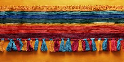 Colorful woven textile showcasing vibrant patterns and tassels with intricate detailing photo