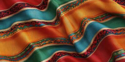 Vibrant textile with colorful stripes and intricate patterns in warm tones displayed in a soft, flowing manner photo
