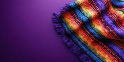 Colorful handmade blanket draped on a purple background showcasing vibrant stripes and textures photo