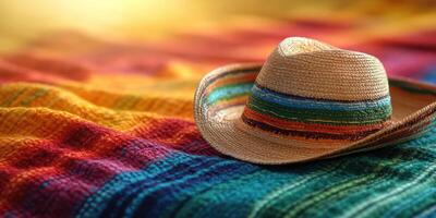 Colorful woven blanket with a straw hat resting on it at sunset creating a warm ambiance photo