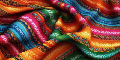 Vibrant woven textiles showcase intricate patterns in bright colors and textures photo