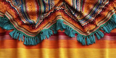 Vibrant textile displaying intricate patterns and colorful fringes in a warm and inviting design layout photo
