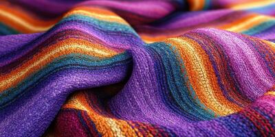 Vibrant woven blanket with colorful stripes on display in natural light in a cozy setting photo